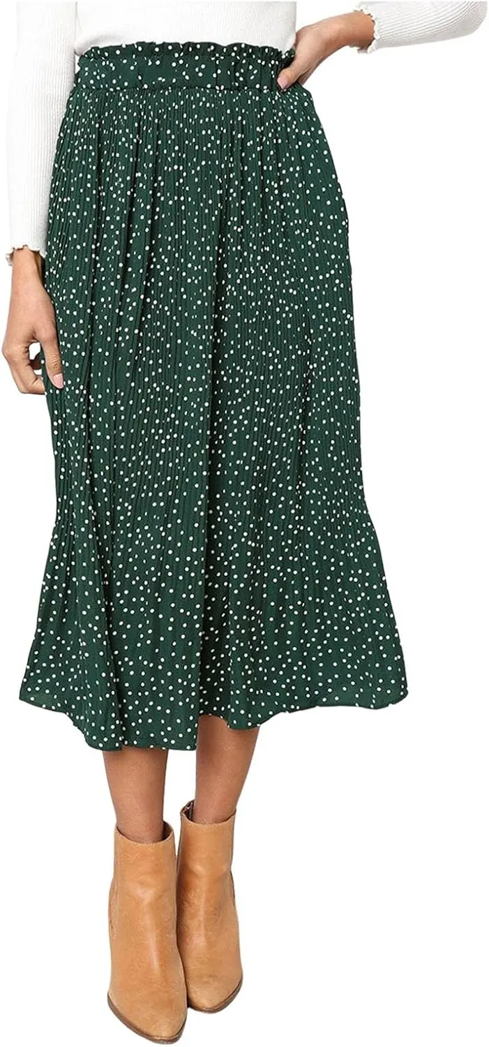 Womens Pleated Midi Skirts Flowy Boho A Line Long Skirts Casual High Elastic Waist Summer Swing Skirts with