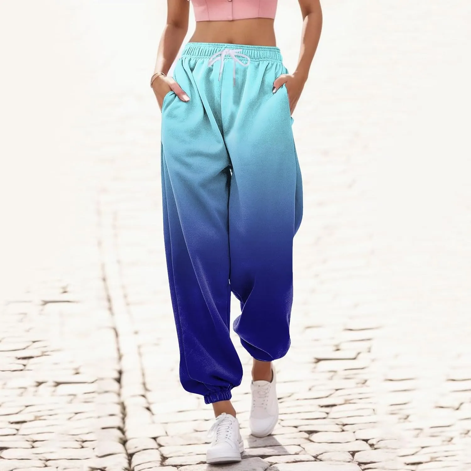 Womens Running Exercise Trousers Trendy High Waist Gradient Print Jogger Sweatpant Work Office High Waist Casual Pant