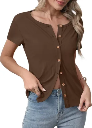 Womens Slim Fitted Cardigan Lightweight Summer Cardigans Short Sleeve Ribbed Tops Button Down Shirts