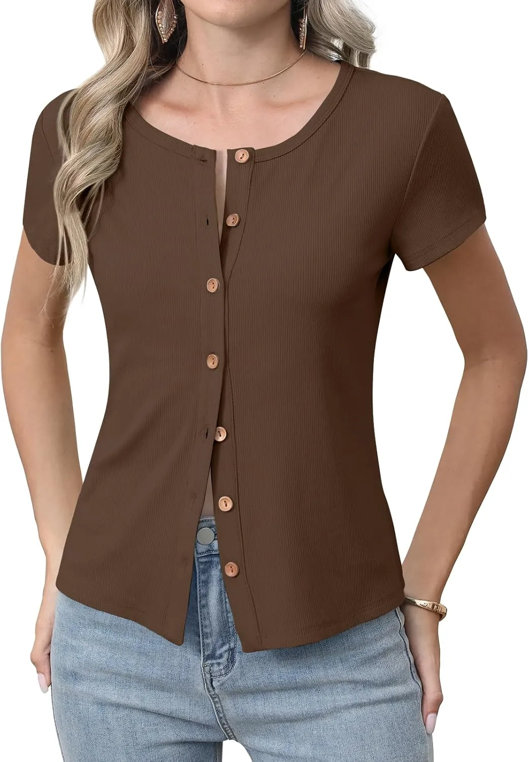 Womens Slim Fitted Cardigan Lightweight Summer Cardigans Short Sleeve Ribbed Tops Button Down Shirts