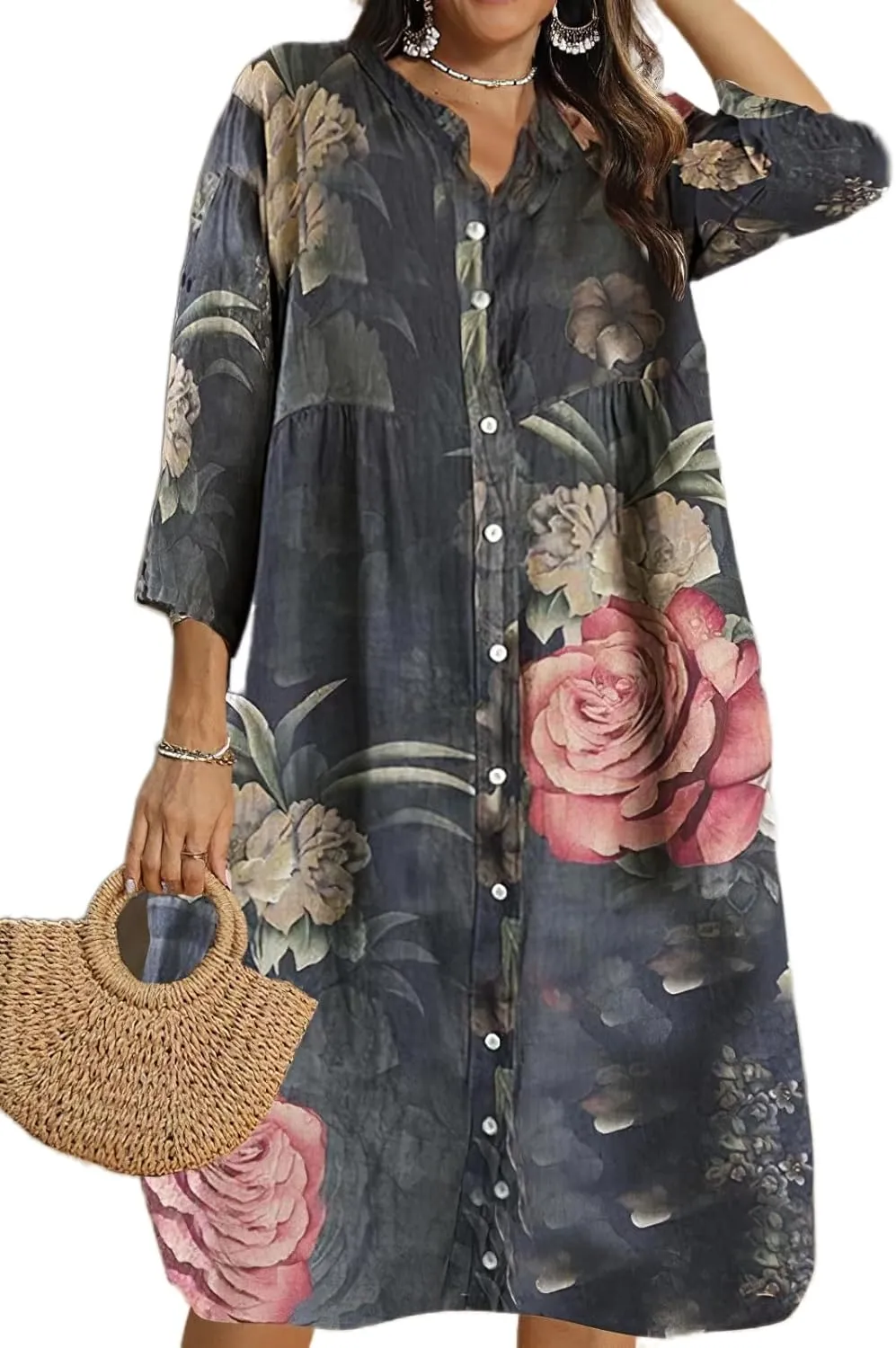 Women's Summer Boho Floral Button Down 3/4 Sleeve Midi Shirt Dress Casual Loose Beach Vacation Dress with Pockets
