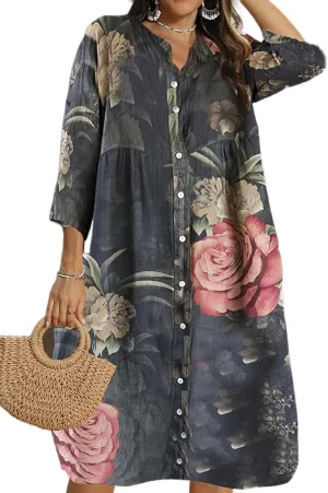 Women's Summer Boho Floral Button Down 3/4 Sleeve Midi Shirt Dress Casual Loose Beach Vacation Dress with Pockets