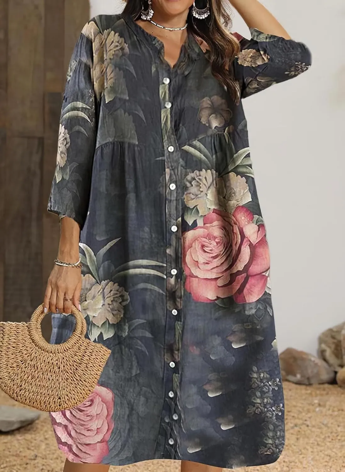 Women's Summer Boho Floral Button Down 3/4 Sleeve Midi Shirt Dress Casual Loose Beach Vacation Dress with Pockets