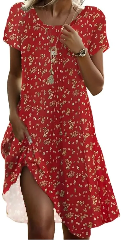 Women's Summer Boho Floral Crewneck Tshirt Dress Casual Loose Short Sleeve Swing Flowy Tunic Midi Dresses with Pockets