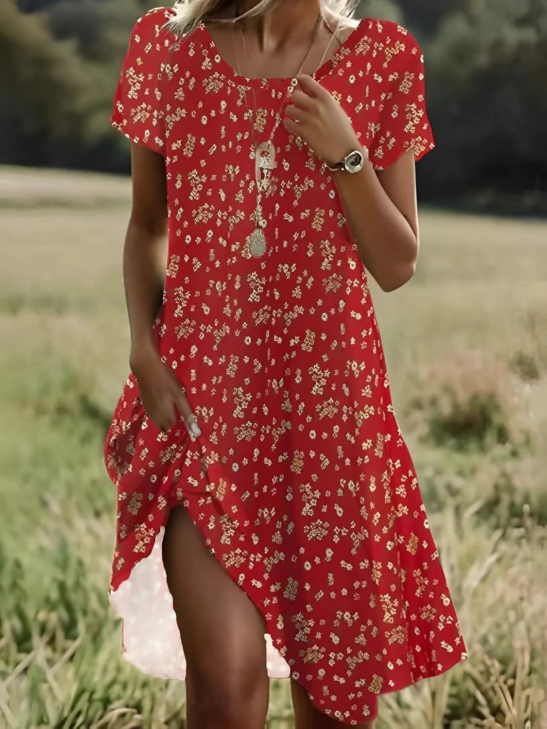 Women's Summer Boho Floral Crewneck Tshirt Dress Casual Loose Short Sleeve Swing Flowy Tunic Midi Dresses with Pockets