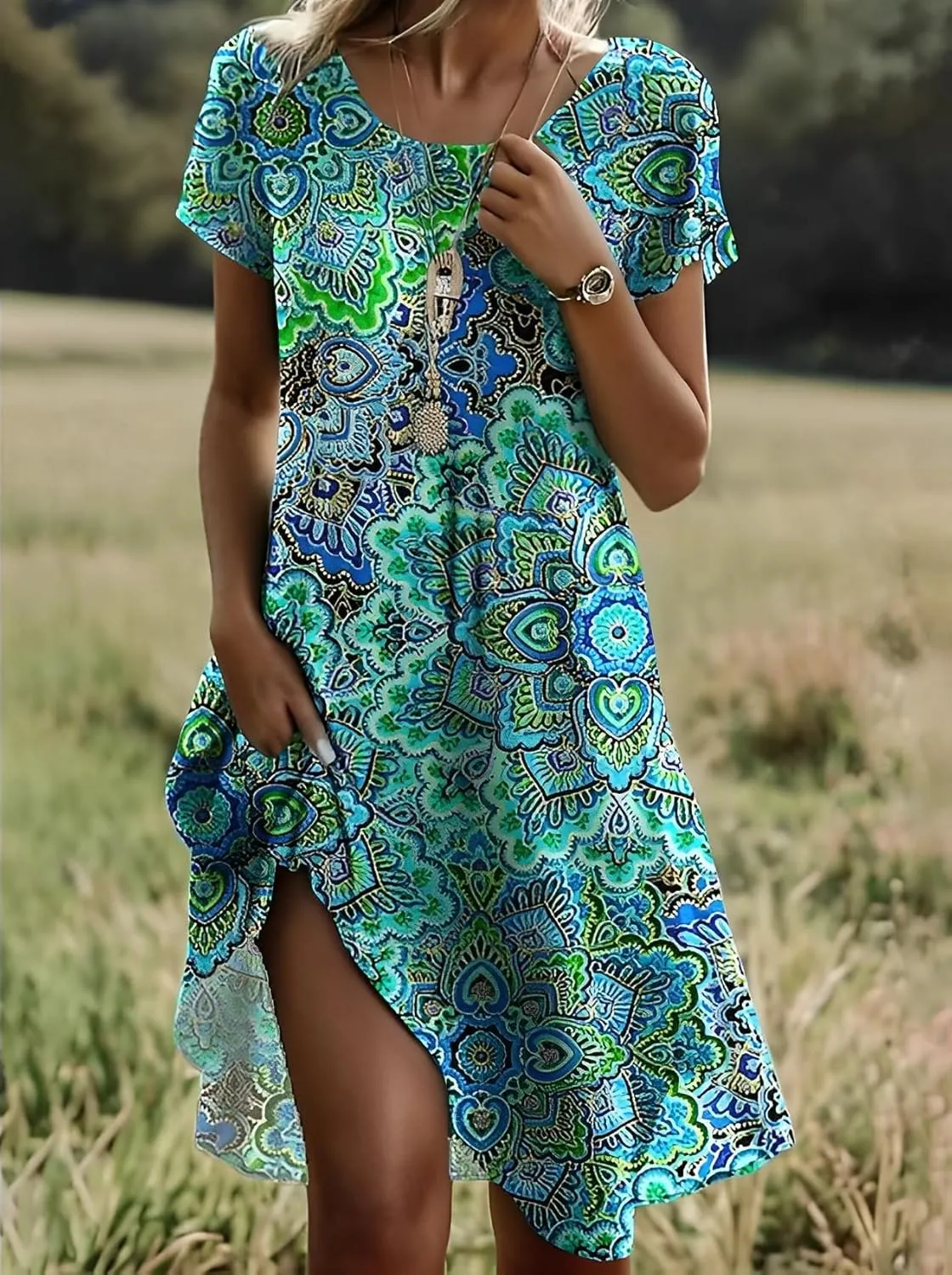 Women's Summer Boho Floral Crewneck Tshirt Dress Casual Loose Short Sleeve Swing Flowy Tunic Midi Dresses with Pockets
