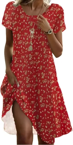 Women's Summer Boho Floral Crewneck Tshirt Dress Casual Loose Short Sleeve Swing Flowy Tunic Midi Dresses with Pockets