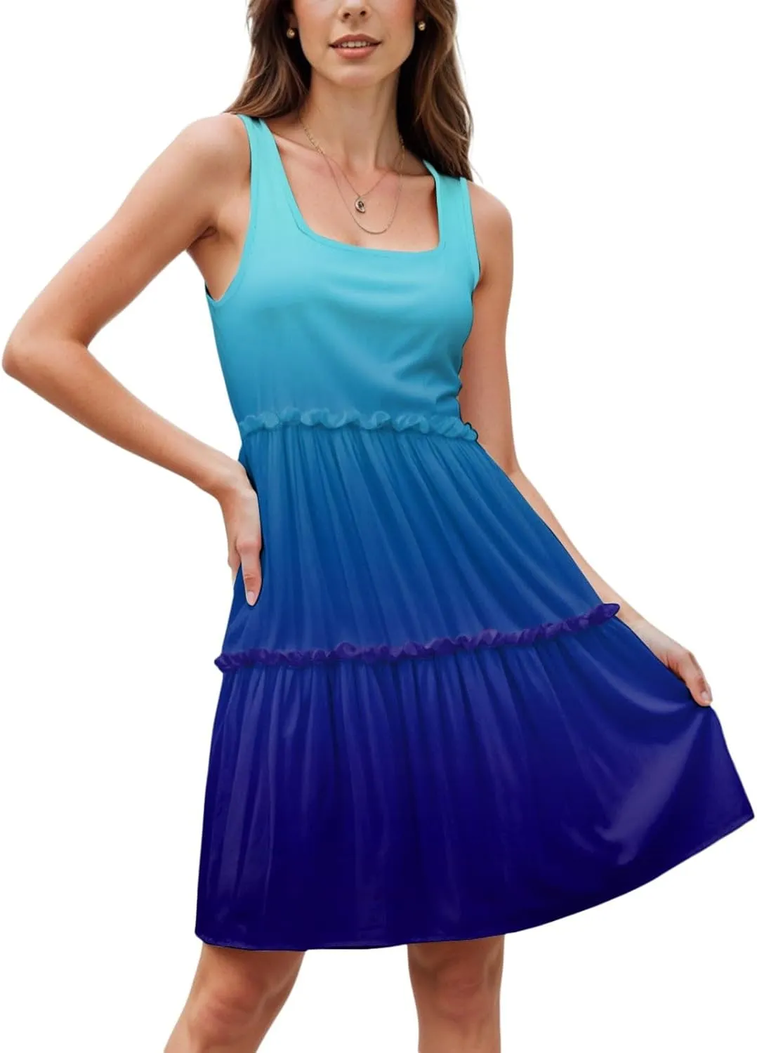 Womens Summer Casual U Neck Sleeveless Mini Dress Boho Floral Ruffle Swing A Line Short Sundresses