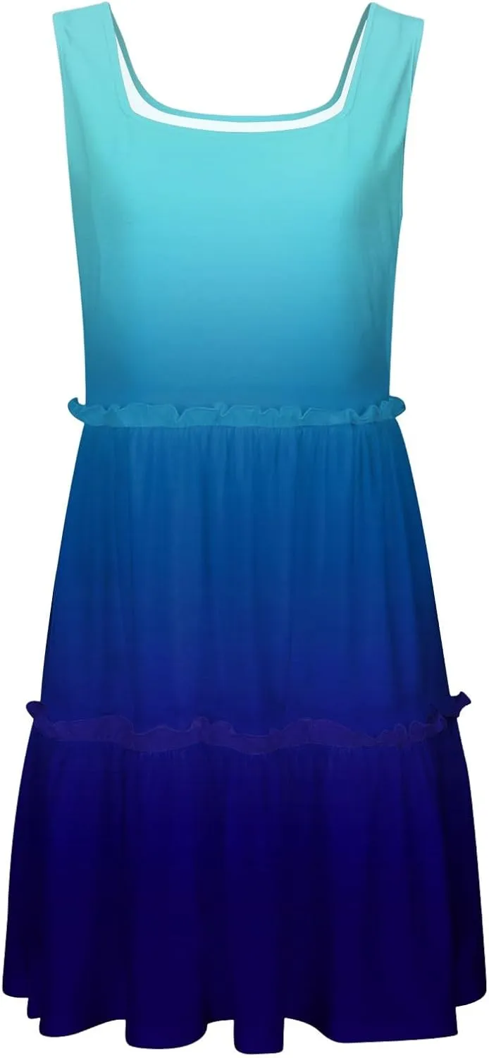 Womens Summer Casual U Neck Sleeveless Mini Dress Boho Floral Ruffle Swing A Line Short Sundresses