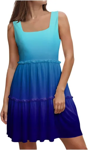 Womens Summer Casual U Neck Sleeveless Mini Dress Boho Floral Ruffle Swing A Line Short Sundresses