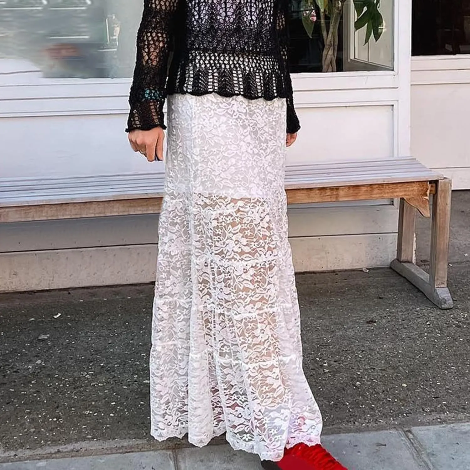 Womens Summer Floral Lace Maxi Skirt Elastic Low Waist Mesh Sheer Patchwork A-Line Beach Party Long Skirts