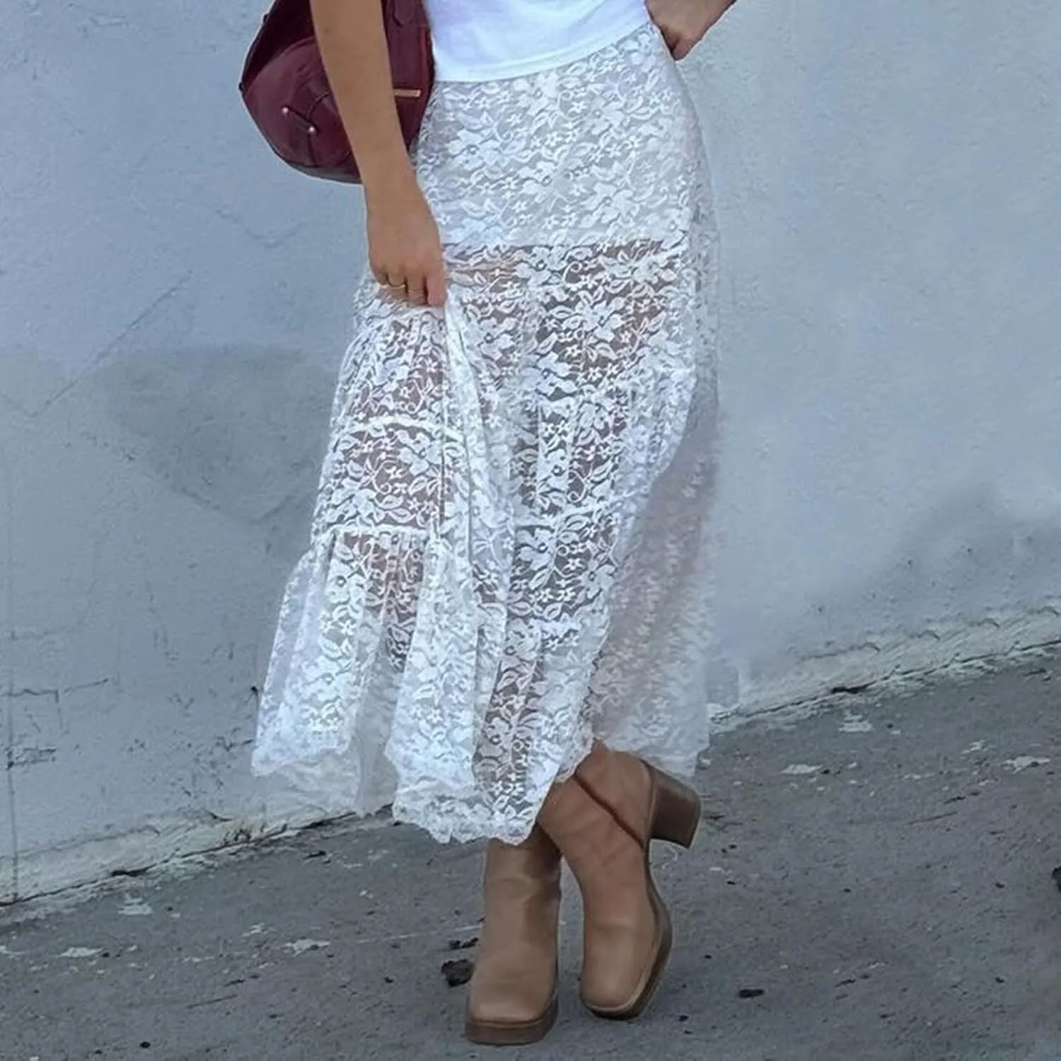 Womens Summer Floral Lace Maxi Skirt Elastic Low Waist Mesh Sheer Patchwork A-Line Beach Party Long Skirts