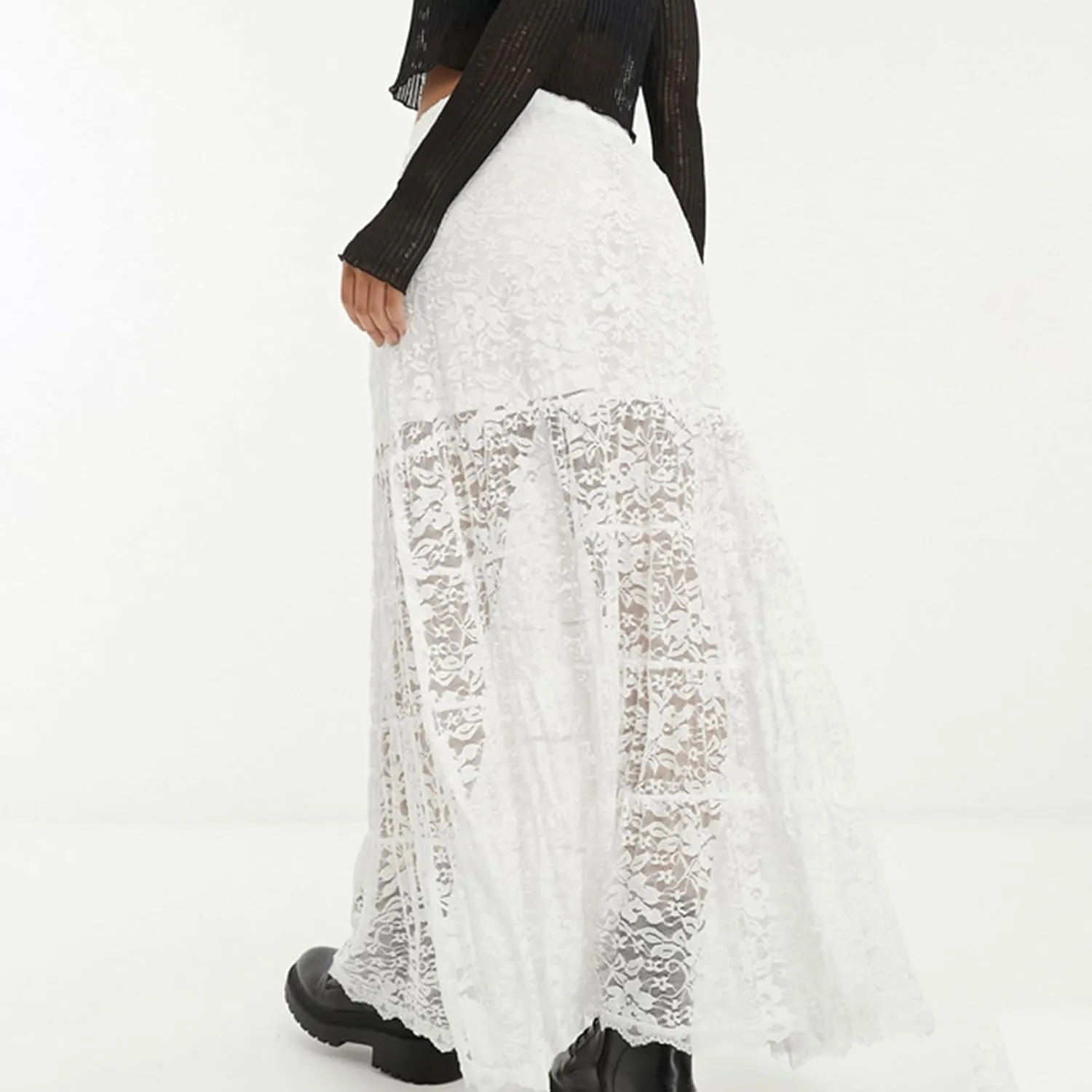 Womens Summer Floral Lace Maxi Skirt Elastic Low Waist Mesh Sheer Patchwork A-Line Beach Party Long Skirts