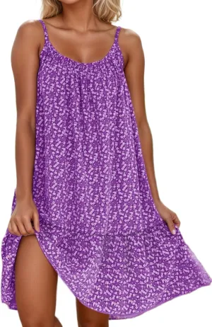 Womens Summer Floral Sleeveless Mini Dress Spaghetti Straps Ruffle Hem Sundress Boho Beach Swing Short Dresses