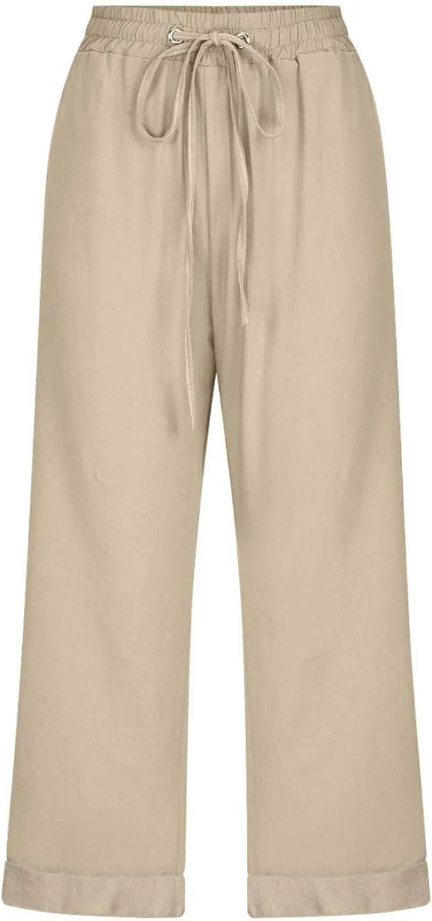 Womens Summer Linen Capri Pants 3/4 Length Flowy High Waisted Stretch Trouser Cotton Linen Athletic Casual Sweatpants