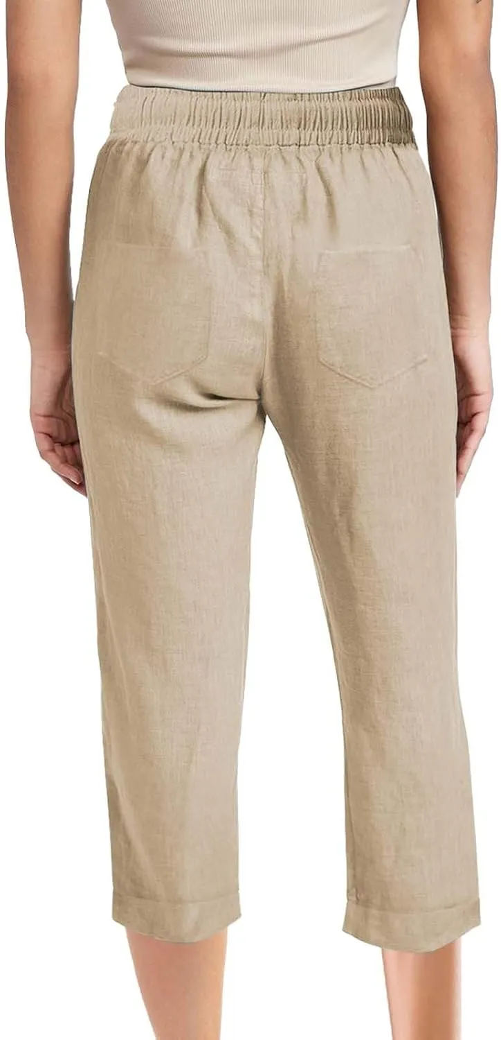 Womens Summer Linen Capri Pants 3/4 Length Flowy High Waisted Stretch Trouser Cotton Linen Athletic Casual Sweatpants
