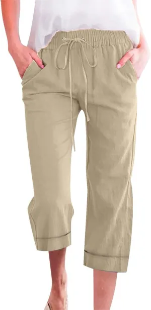 Womens Summer Linen Capri Pants 3/4 Length Flowy High Waisted Stretch Trouser Cotton Linen Athletic Casual Sweatpants