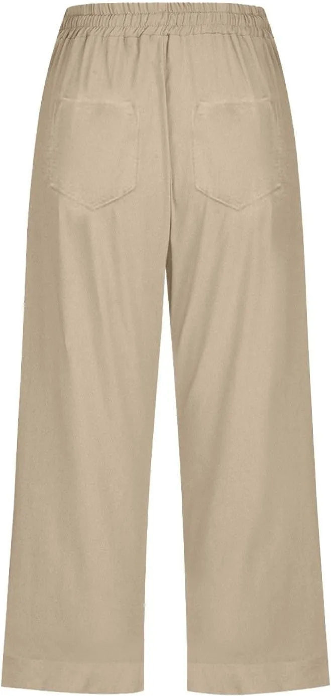 Womens Summer Linen Capri Pants 3/4 Length Flowy High Waisted Stretch Trouser Cotton Linen Athletic Casual Sweatpants