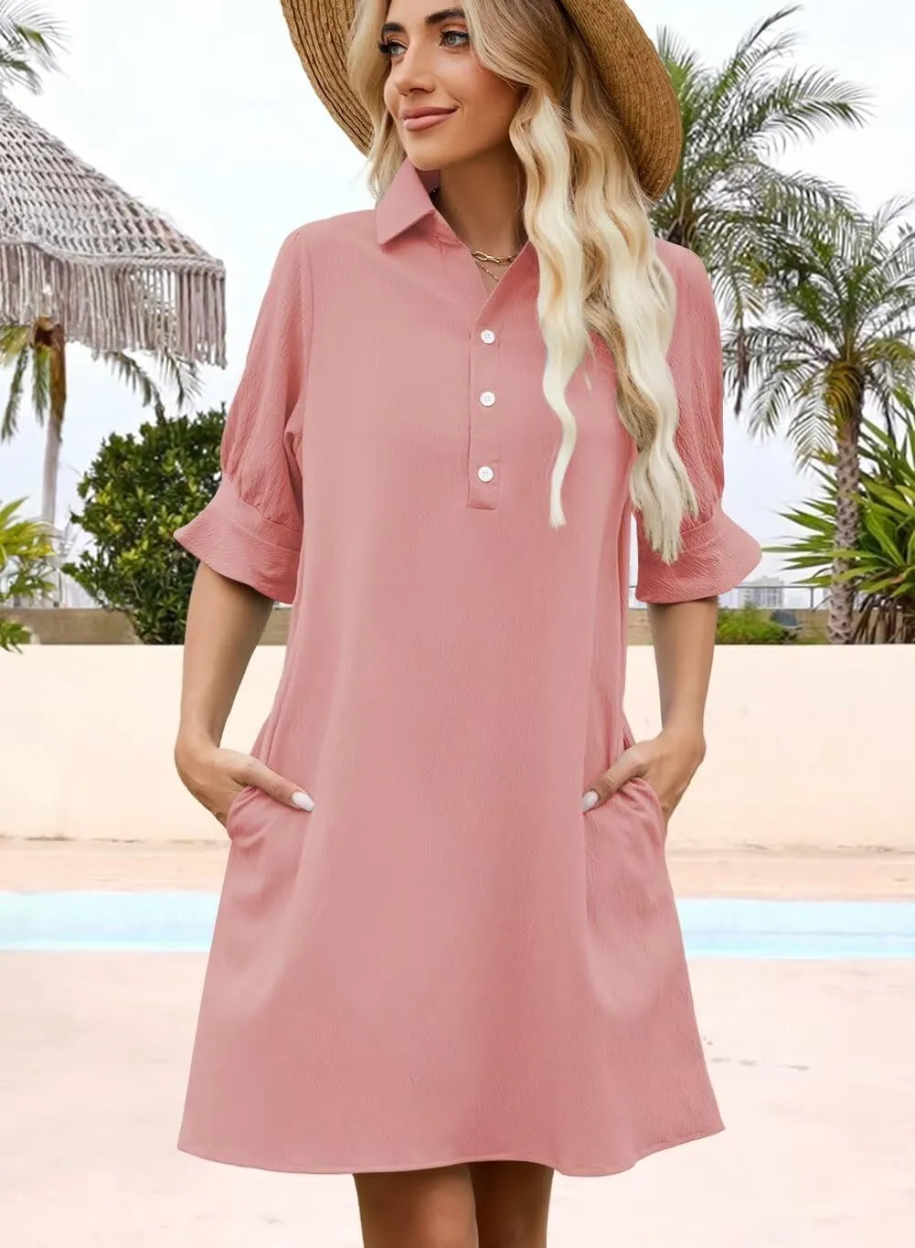 Womens Summer Shirt Dress 2025 Casual Ruffle Short Sleeve Button Down Flowy Swing Shift Mini Dresses with Pockets