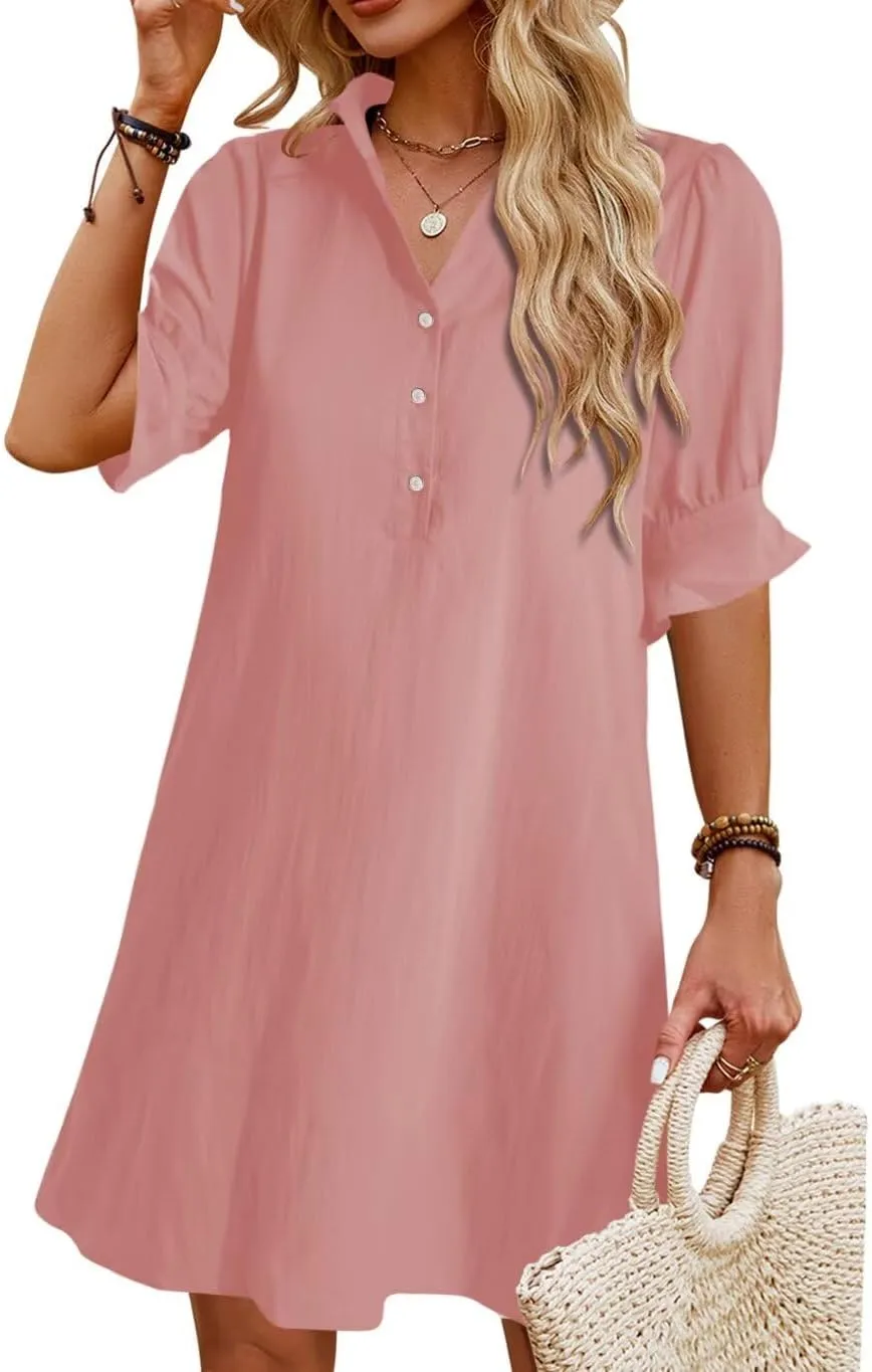 Womens Summer Shirt Dress 2025 Casual Ruffle Short Sleeve Button Down Flowy Swing Shift Mini Dresses with Pockets
