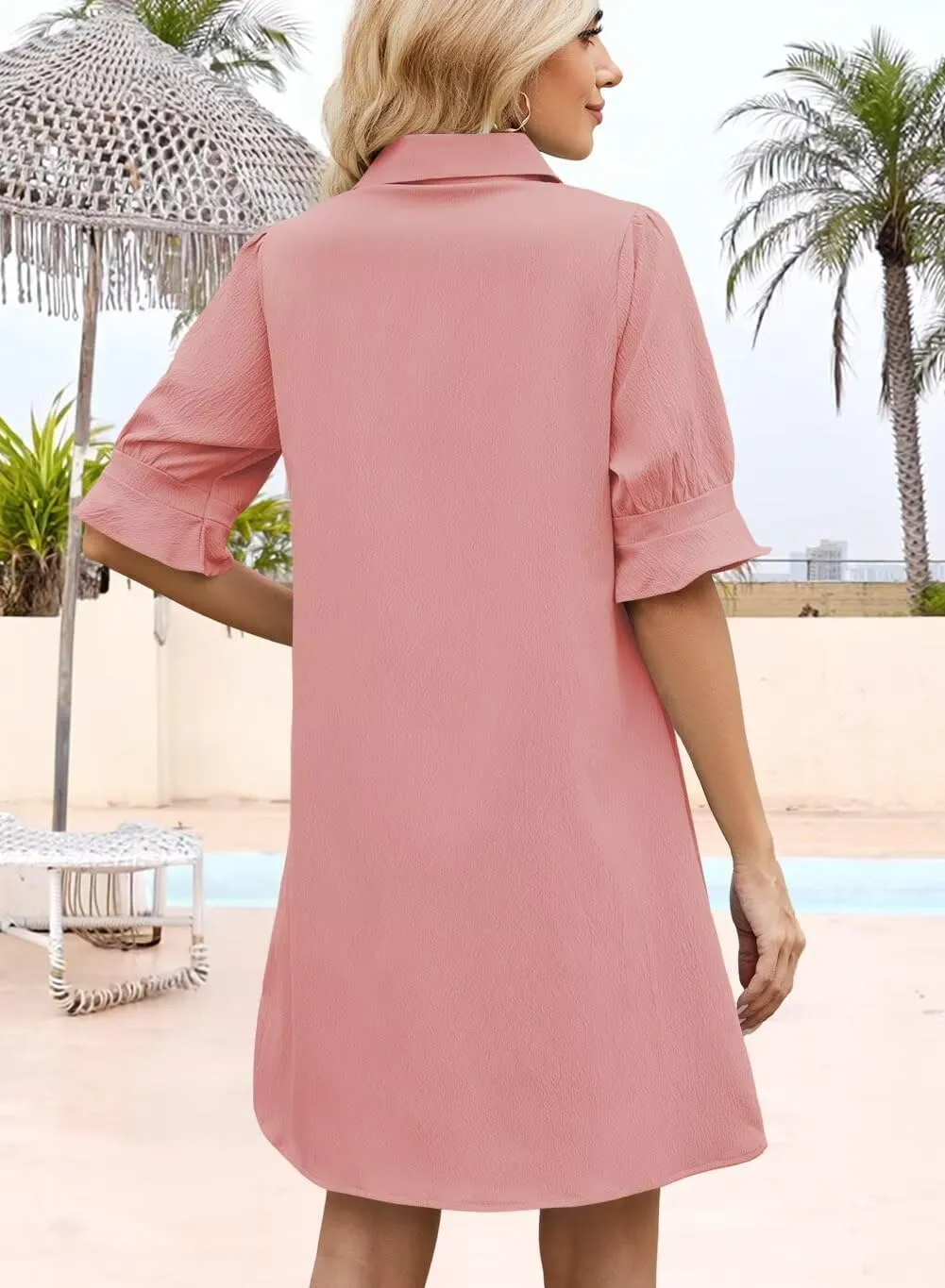 Womens Summer Shirt Dress 2025 Casual Ruffle Short Sleeve Button Down Flowy Swing Shift Mini Dresses with Pockets