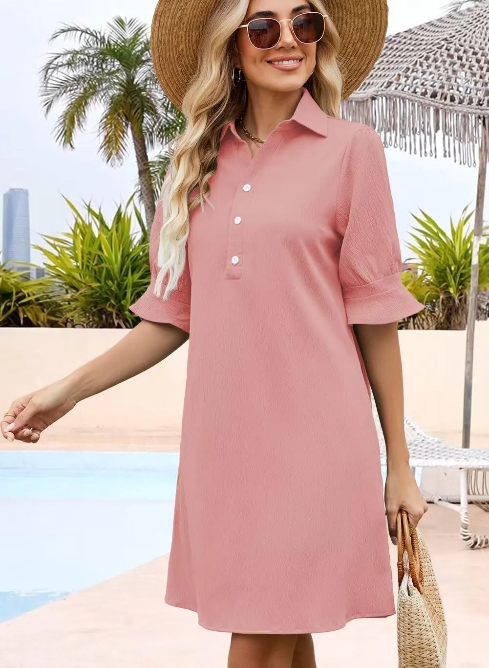 Womens Summer Shirt Dress 2025 Casual Ruffle Short Sleeve Button Down Flowy Swing Shift Mini Dresses with Pockets