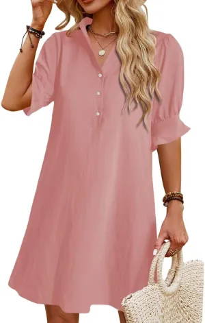 Womens Summer Shirt Dress 2025 Casual Ruffle Short Sleeve Button Down Flowy Swing Shift Mini Dresses with Pockets