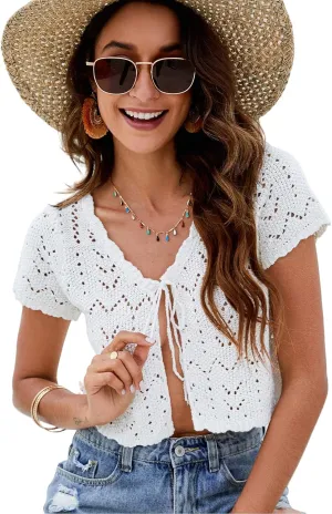 Womens Summer Short Sleeve Cropped Crochet Cardigan Tie Front Open Knit Bolero Shrug Lightweight for Casual Beach Vacation
