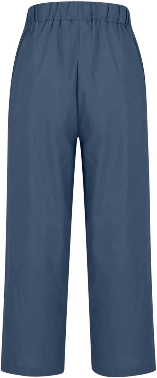 Womens Summer Vacation Pants Straight Wide Leg Cotton Linen Trousers Lightweight Clothing with Pockets