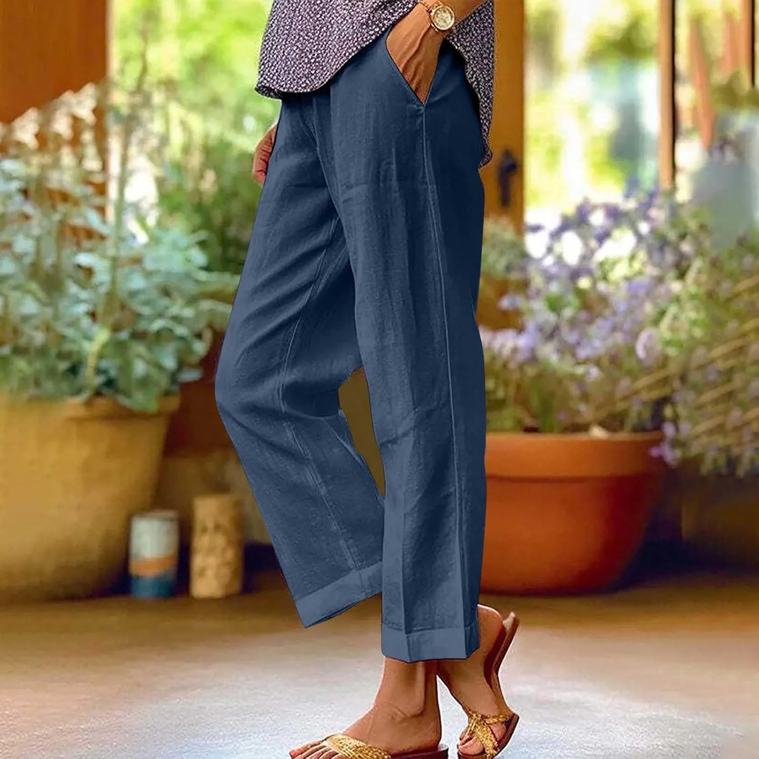 Womens Summer Vacation Pants Straight Wide Leg Cotton Linen Trousers Lightweight Clothing with Pockets