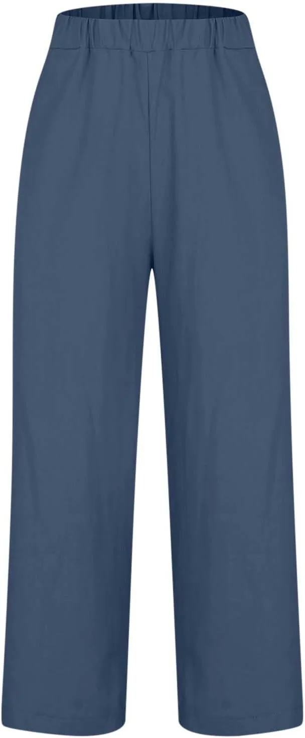 Womens Summer Vacation Pants Straight Wide Leg Cotton Linen Trousers Lightweight Clothing with Pockets