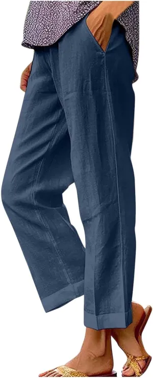 Womens Summer Vacation Pants Straight Wide Leg Cotton Linen Trousers Lightweight Clothing with Pockets