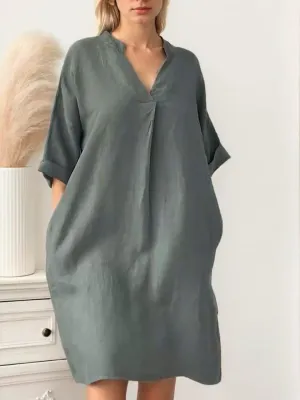 Women's V-Neck Loose Cotton Linen Midi Dress Summer Casual 3/4 Sleeve Plus Size Shift Midi Dresses with Pockets