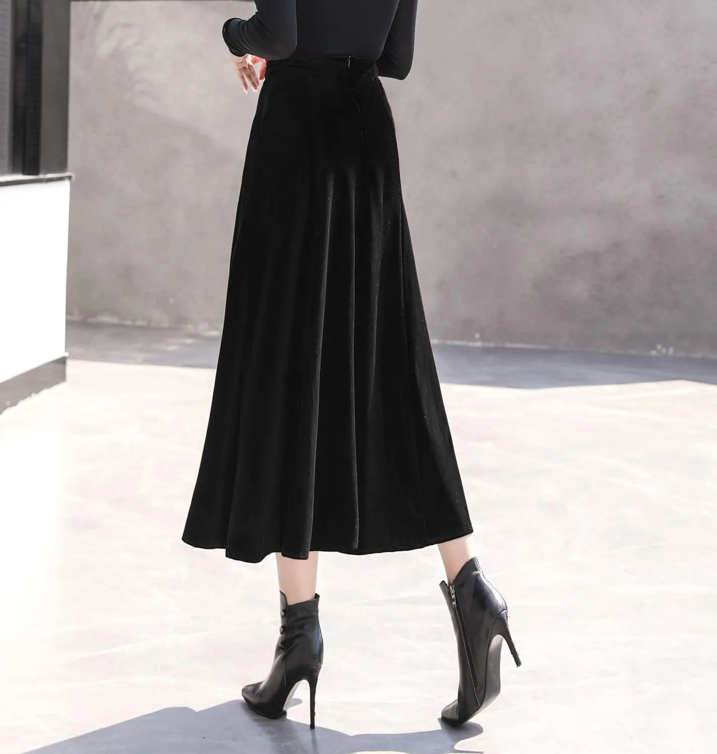 Women's Vintage Velvet High Waist Winter Thicken Pleated A-Line Swing Maxi Skirts