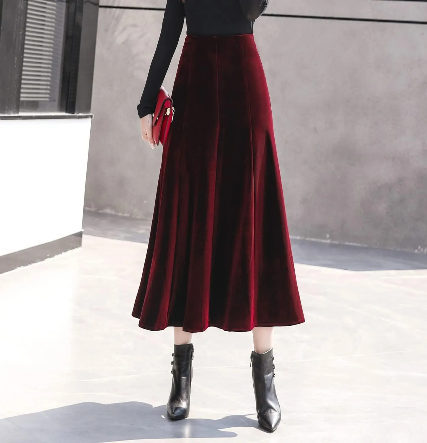 Women's Vintage Velvet High Waist Winter Thicken Pleated A-Line Swing Maxi Skirts
