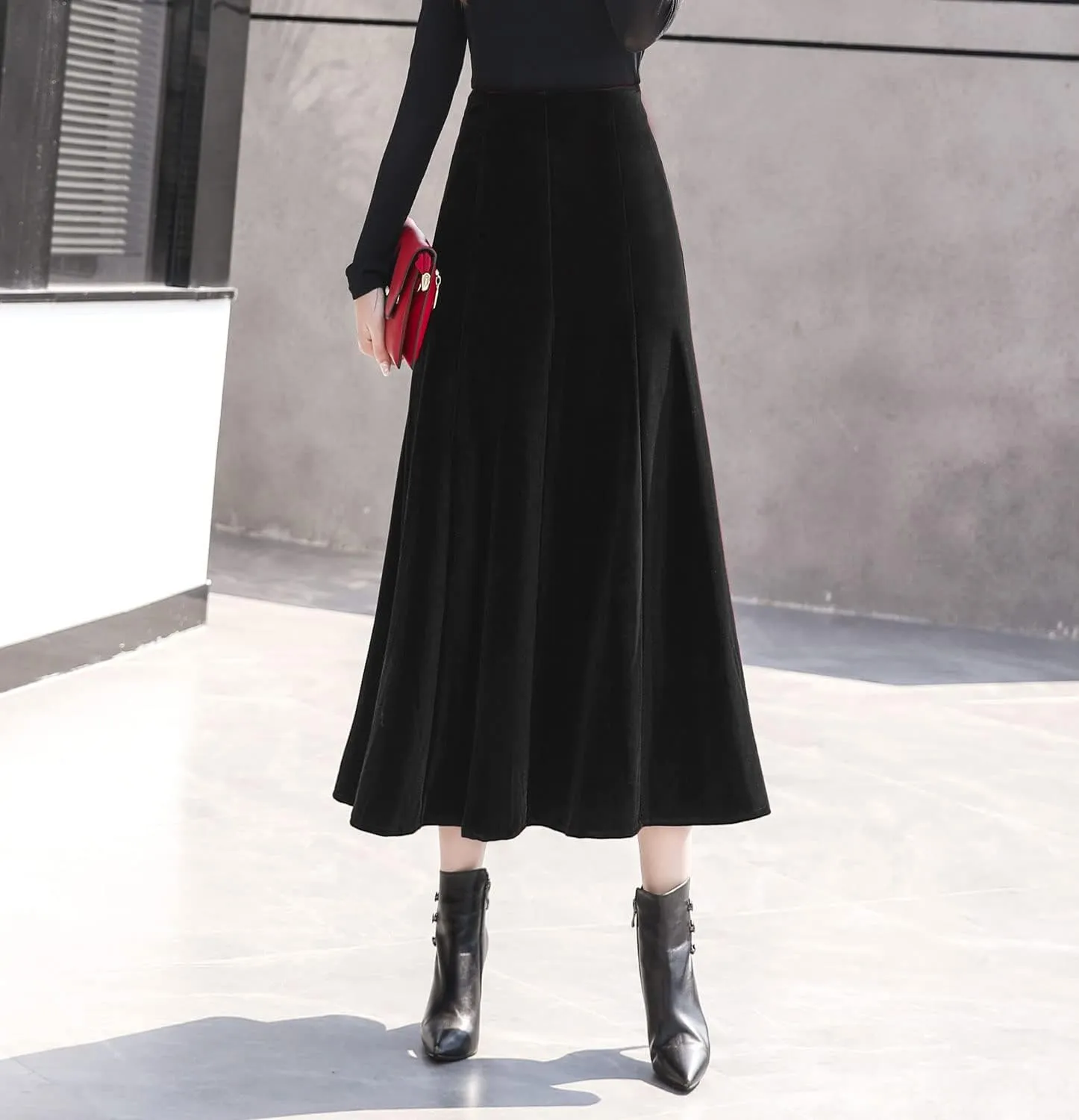 Women's Vintage Velvet High Waist Winter Thicken Pleated A-Line Swing Maxi Skirts