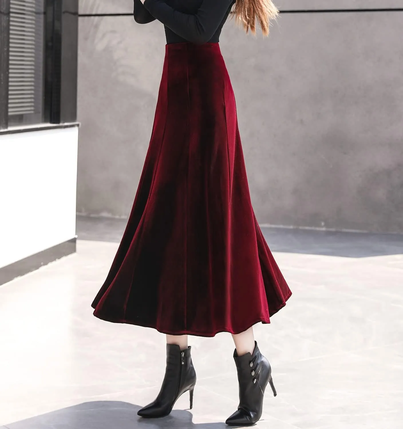 Women's Vintage Velvet High Waist Winter Thicken Pleated A-Line Swing Maxi Skirts