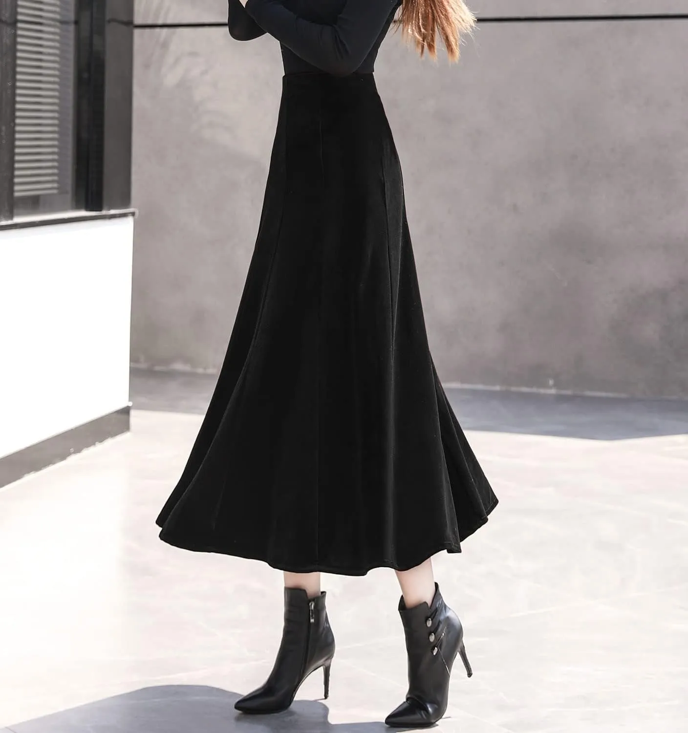 Women's Vintage Velvet High Waist Winter Thicken Pleated A-Line Swing Maxi Skirts