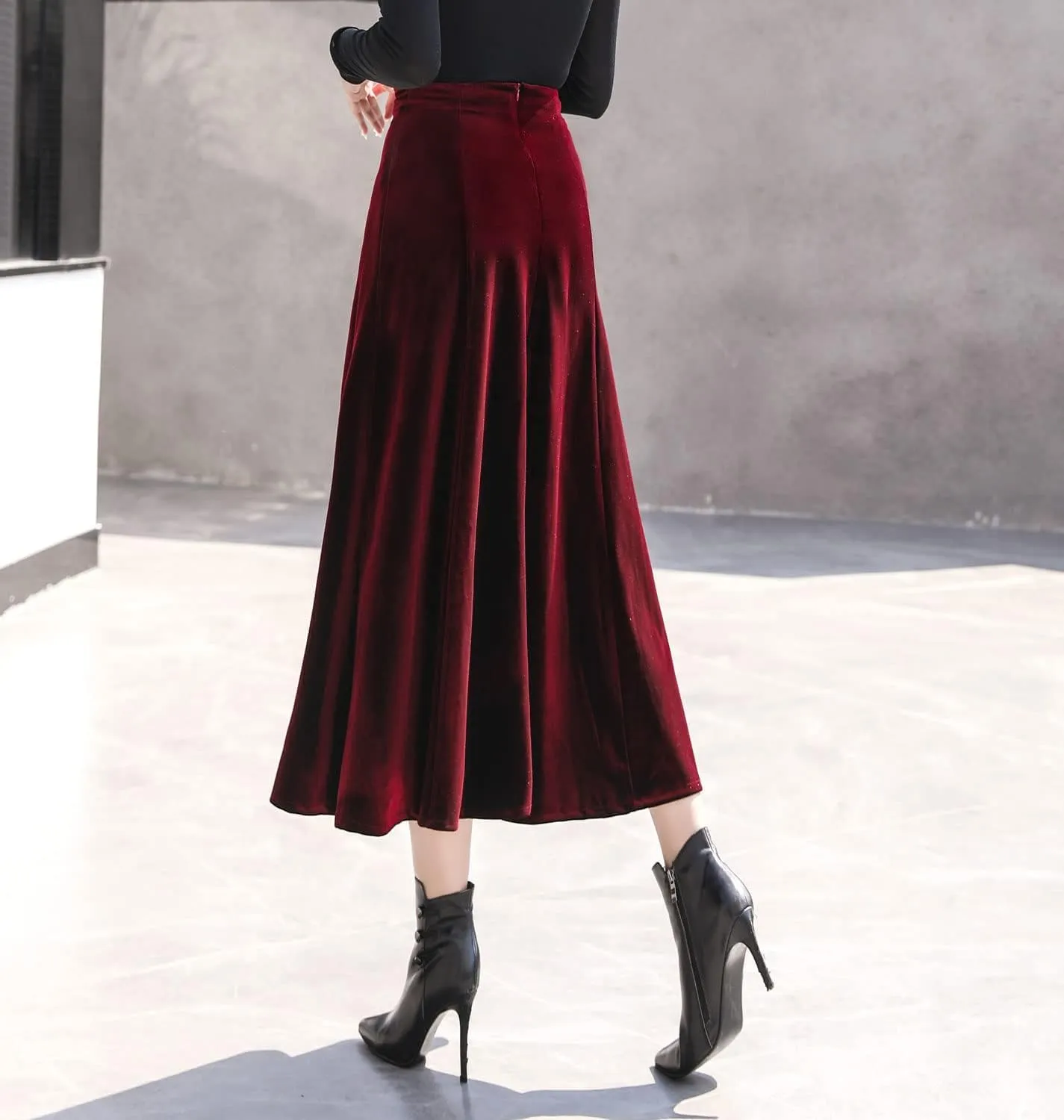Women's Vintage Velvet High Waist Winter Thicken Pleated A-Line Swing Maxi Skirts
