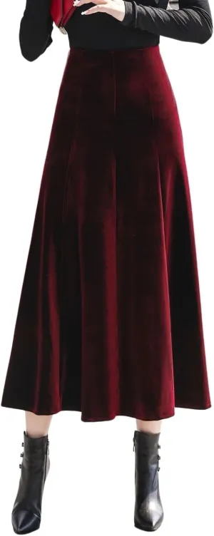 Women's Vintage Velvet High Waist Winter Thicken Pleated A-Line Swing Maxi Skirts