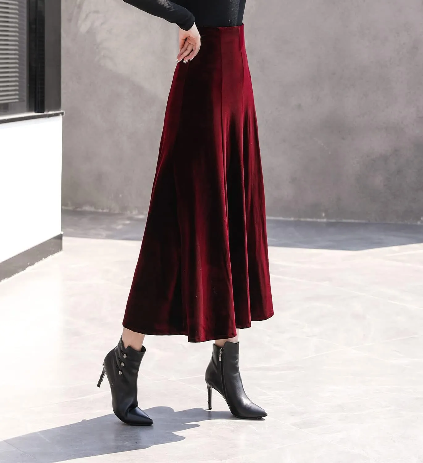 Women's Vintage Velvet High Waist Winter Thicken Pleated A-Line Swing Maxi Skirts