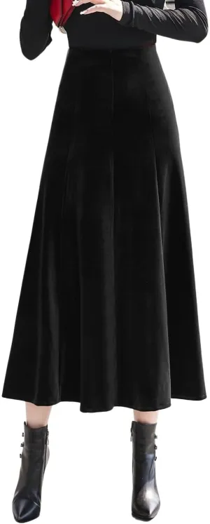 Women's Vintage Velvet High Waist Winter Thicken Pleated A-Line Swing Maxi Skirts