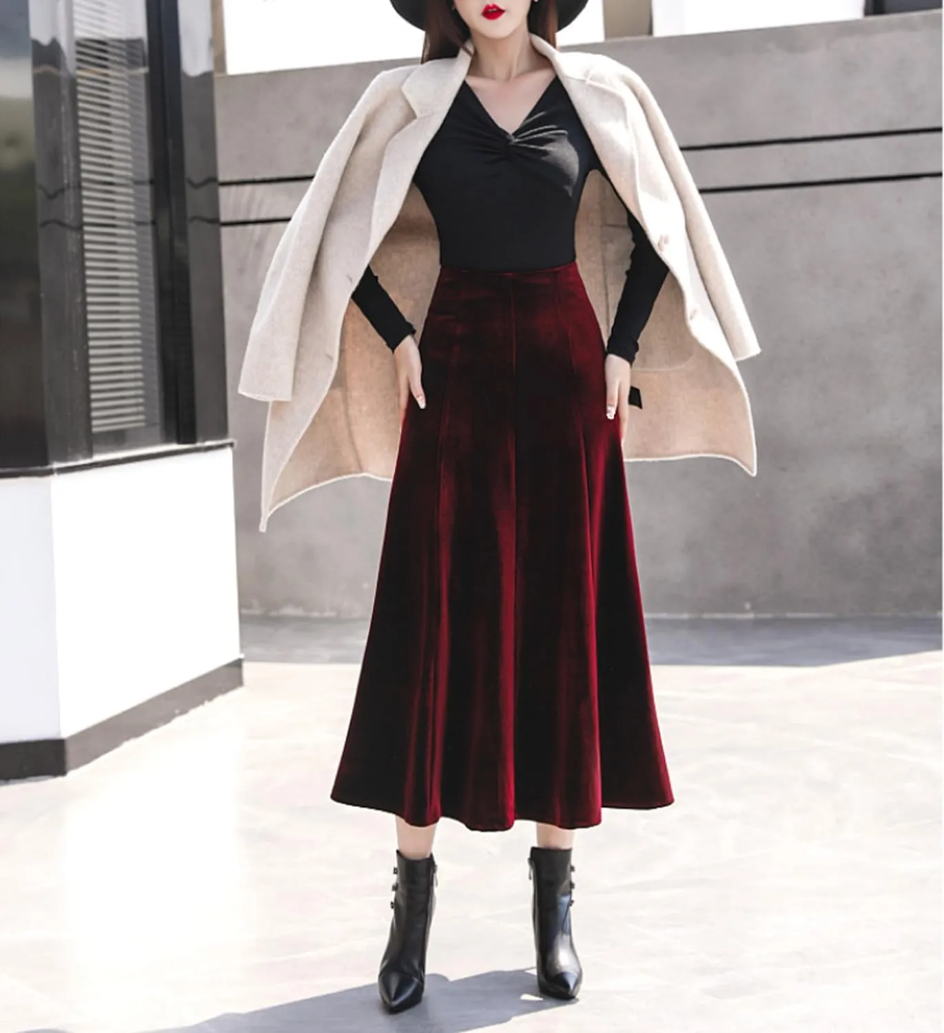 Women's Vintage Velvet High Waist Winter Thicken Pleated A-Line Swing Maxi Skirts
