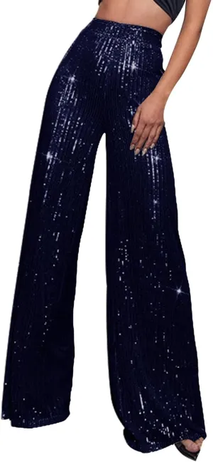 Womens Wide Leg Pants Elastic High Waist Sequin Sparkly Dance Pants Baggy Summer Fashion Baggy Palazzo Stretch Trousers