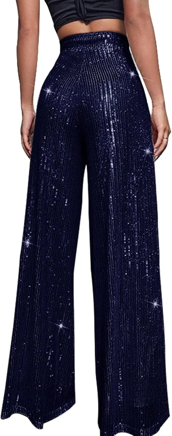 Womens Wide Leg Pants Elastic High Waist Sequin Sparkly Dance Pants Baggy Summer Fashion Baggy Palazzo Stretch Trousers