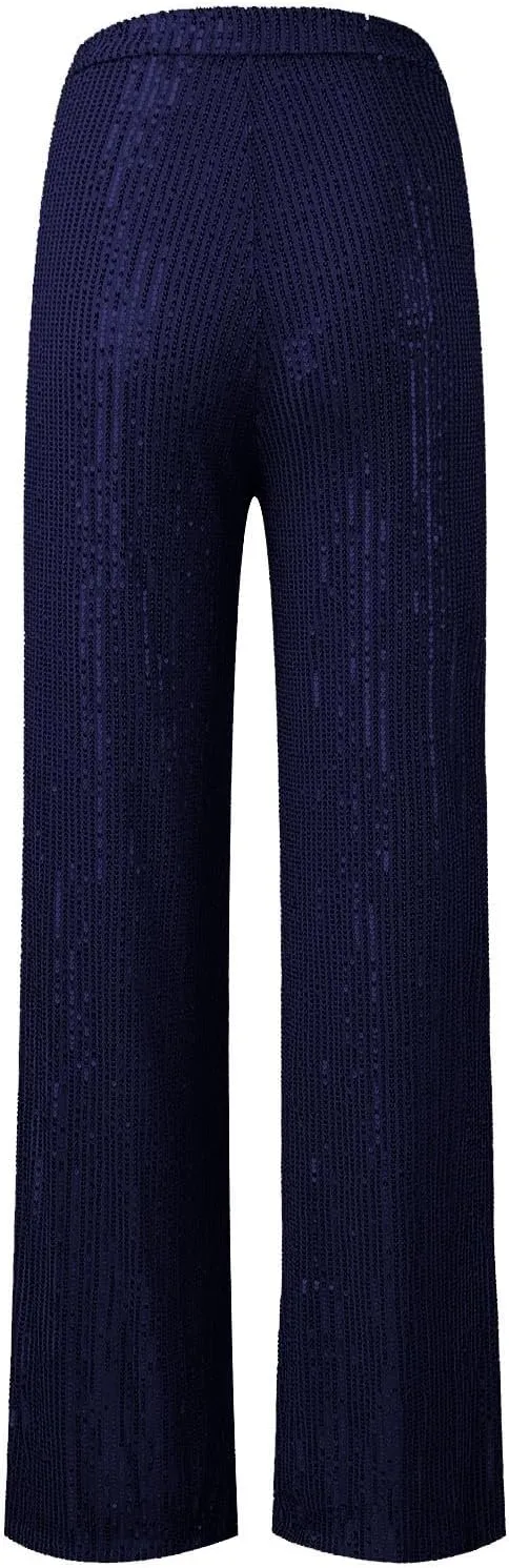 Womens Wide Leg Pants Elastic High Waist Sequin Sparkly Dance Pants Baggy Summer Fashion Baggy Palazzo Stretch Trousers