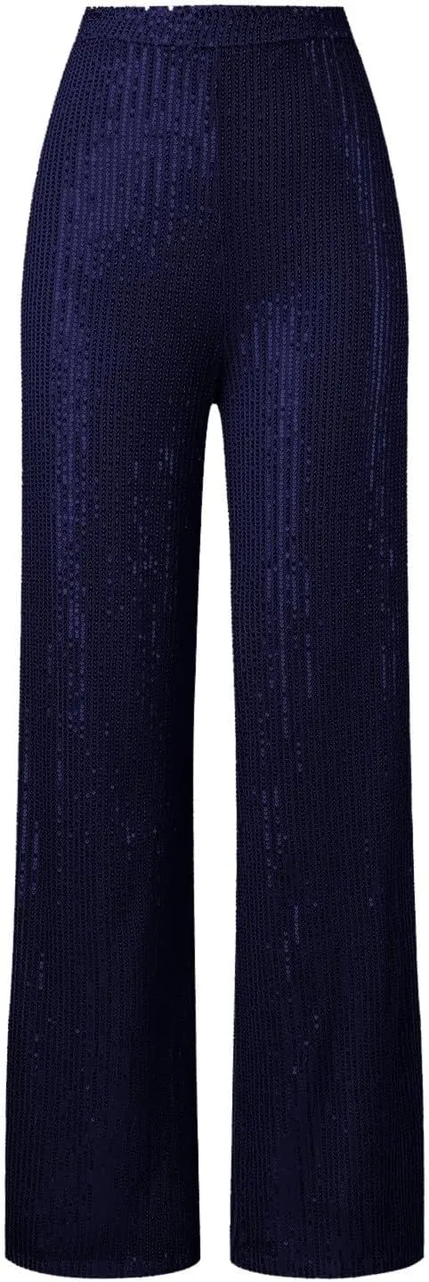 Womens Wide Leg Pants Elastic High Waist Sequin Sparkly Dance Pants Baggy Summer Fashion Baggy Palazzo Stretch Trousers