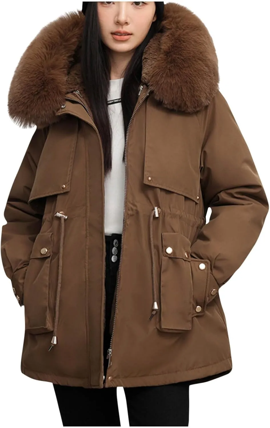 Women's Winter Sherpa Lined Faux Fur Hooded Mid Long Safari Parka Coat Fashion Warm Jackets Loose Fit Solid Color