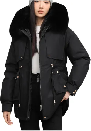 Women's Winter Sherpa Lined Faux Fur Hooded Mid Long Safari Parka Coat Fashion Warm Jackets Loose Fit Solid Color