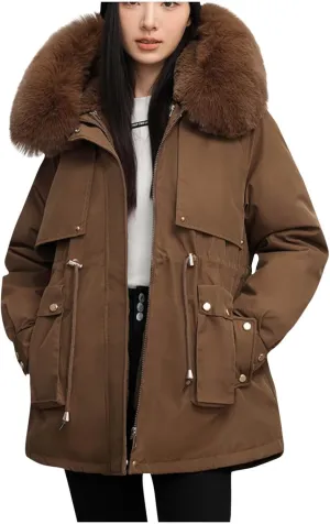 Women's Winter Sherpa Lined Faux Fur Hooded Mid Long Safari Parka Coat Fashion Warm Jackets Loose Fit Solid Color
